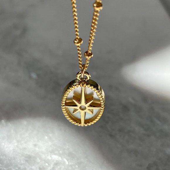 14k Gold Filled North Star Mother Of Pearl Compass Necklace | Non Tarnish - Picture 2 of 4